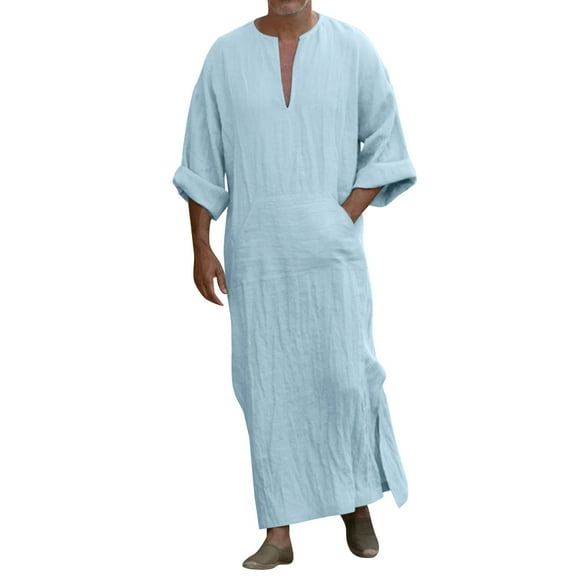 Mens Casual Shirt Long Sleeve Solid Color V Neck Robe Top Breathable Cotton Linen Thobe Kaftan Loose Fit Clothing,Light Blue,L