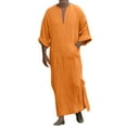 thumbnail image 1 of Mens Casual Shirt Long Sleeve Solid Color V Neck Robe Top Breathable Cotton Linen Thobe Kaftan Loose Fit Clothing,Orange,XXXXXL, 1 of 5