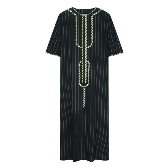 Mens Muslim Dresses V Neck Robes Striped Kaftan Middle East Saudi Arab Long Gown Thobe Robe for Men with Pockets,M-3XL