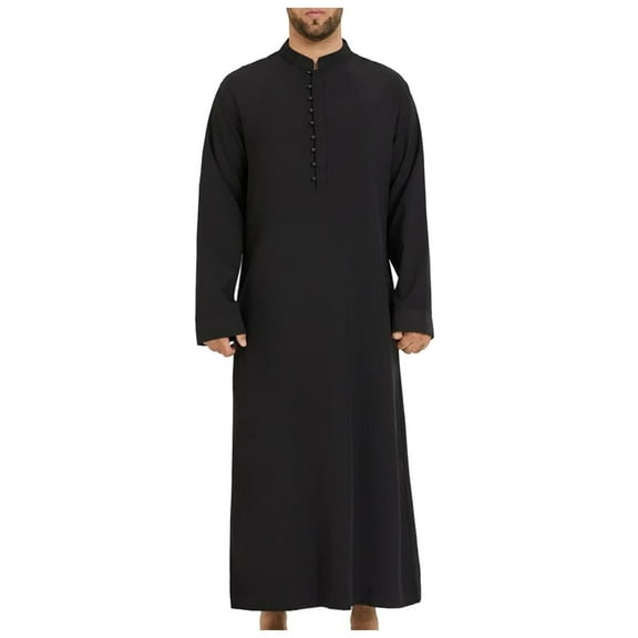Mens Loose Stand Round Neck Hui Robe - Polyester Spandex, Embroidered, Spring/Summer - Arab Middle Eastern Style