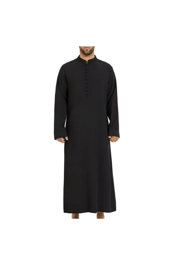 Mens Loose Stand Round Neck Hui Robe - Polyester Spandex, Embroidered, Spring/Summer - Arab Middle Eastern Style