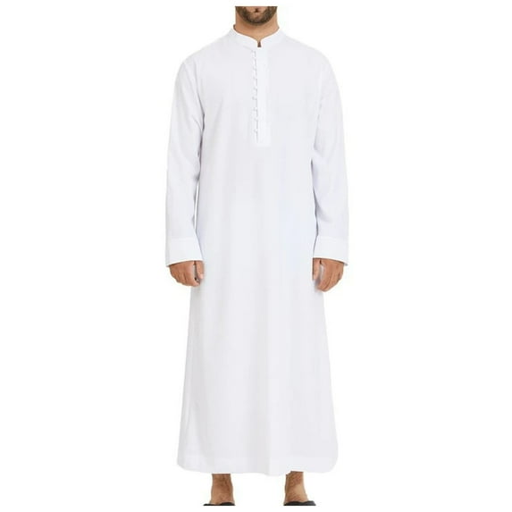 Mens Loose Stand Round Neck Hui Robe - Polyester Spandex, Embroidered, Spring/Summer - Arab Middle Eastern Style