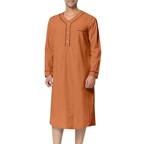 Mens Muslim Nightgowns with Pockets Cotton Long Sleeve Button V-Neck Pajamas Robes Casual Solid Comfort Side Slit Loose Sleepwear Robes