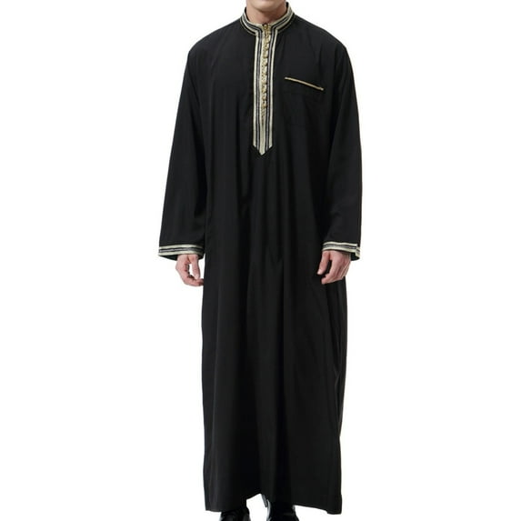Mens Muslim Robe Full Length Long Sleeve Nightshirt Plain Muslim Kaftan Thobe Sale Button Muslims Dresses with Pockets Ethnic Thobe Lounge Long Muslim Gown Jubba Sarong for Men