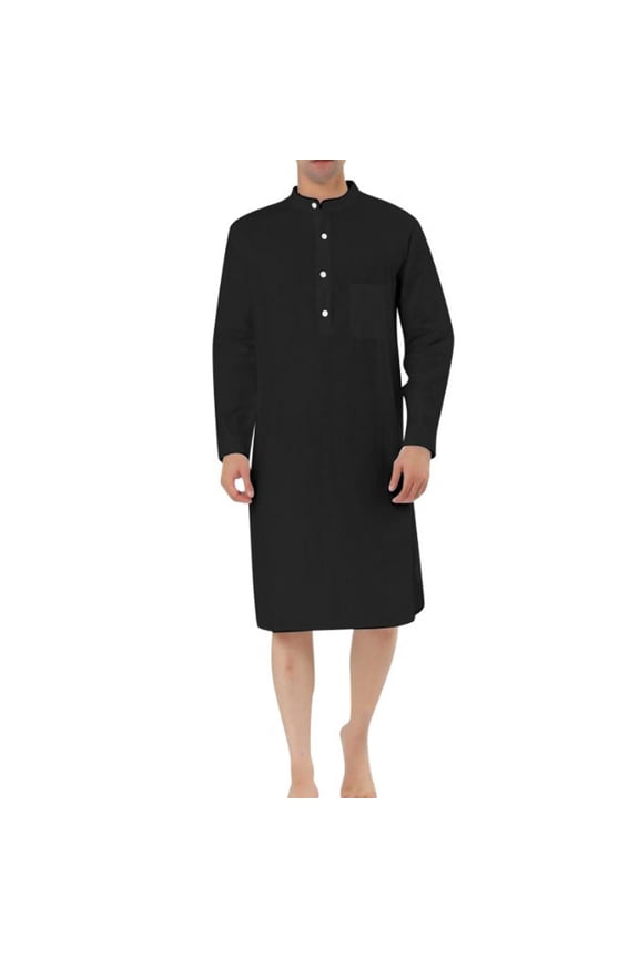 Mens Muslim Robe Knee Length Long Sleeve Nightshirt Plain Muslim Kaftan Thobe Clearance Button Muslims Dresses with Pockets Ethnic Thobe Lounge Long Muslim Gown Jubba Sarong for Men