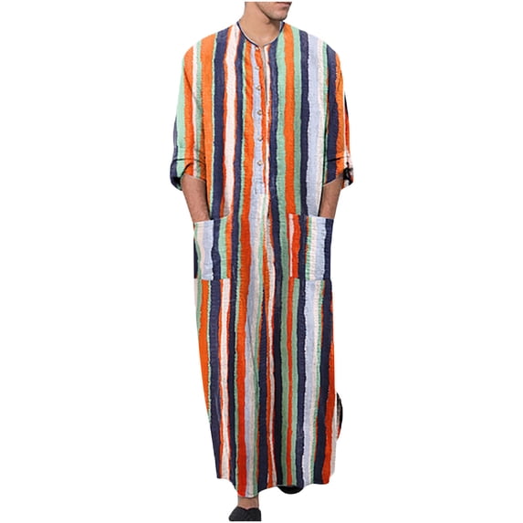 Mens Muslim Thobe, 2024 Men's Kaftan Robe V Neck Roll Up Long Sleeve Cotton Stripe Ultra Long Gown Thobe,Men's Striped Robe Double Pocket Stripe Print Long Shirt