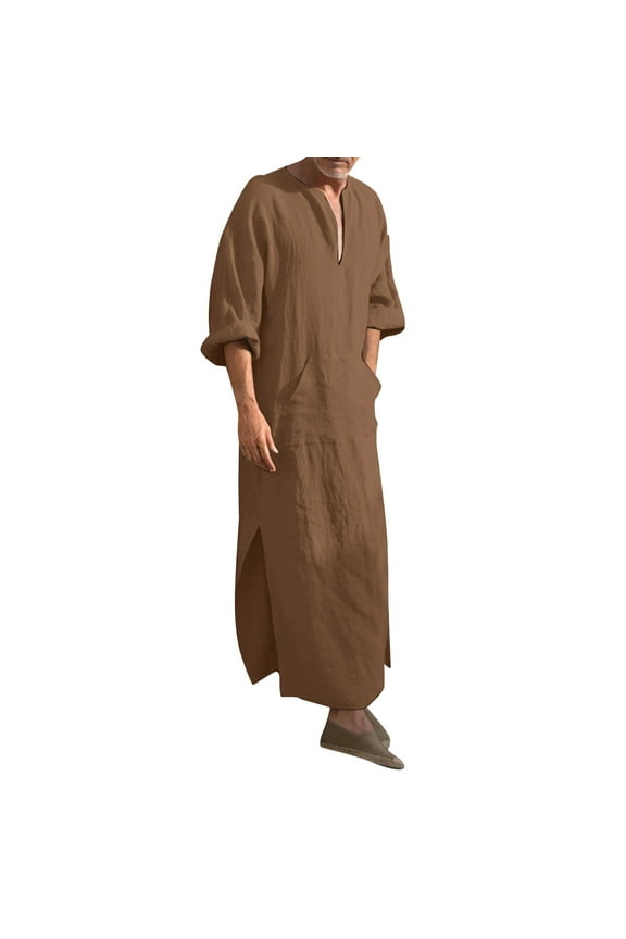 Mens Thobe Arabic Robe Long Sleeve Casual Clothing Cotton Breathable Kaftan Loose Fit Casual Formal Dubai Thobe,Coffee,S