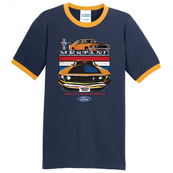 Mens Mustang Powered by Ford 100% Cotton Ringer Tee Shirt, 4XL Navy/Gold