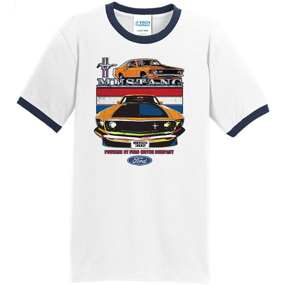 Mens Mustang Powered by Ford 100% Cotton Ringer Tee Shirt, Small White/Navy