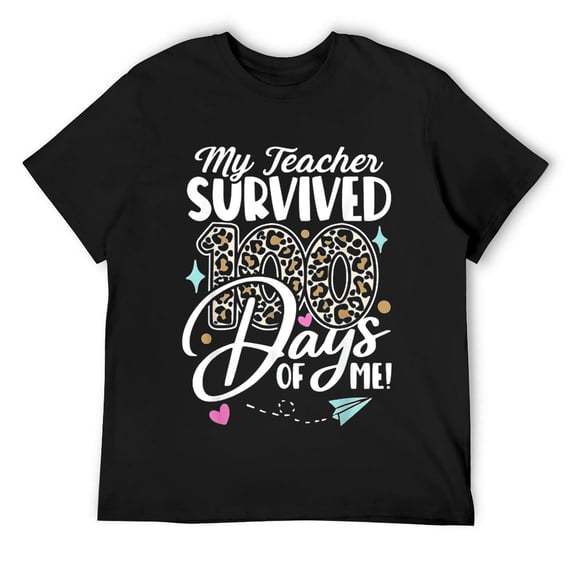Mens My Teacher Survived 100 Days Of Me Funny School Leopard Kids T-Shirt Black