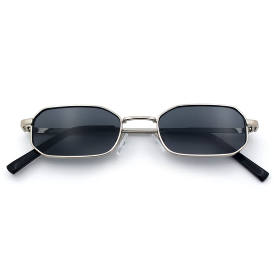 SA106 Mens Narrow Metal Rim Rectangular Hustler Sunglasses, Silver Frame - Black Lens