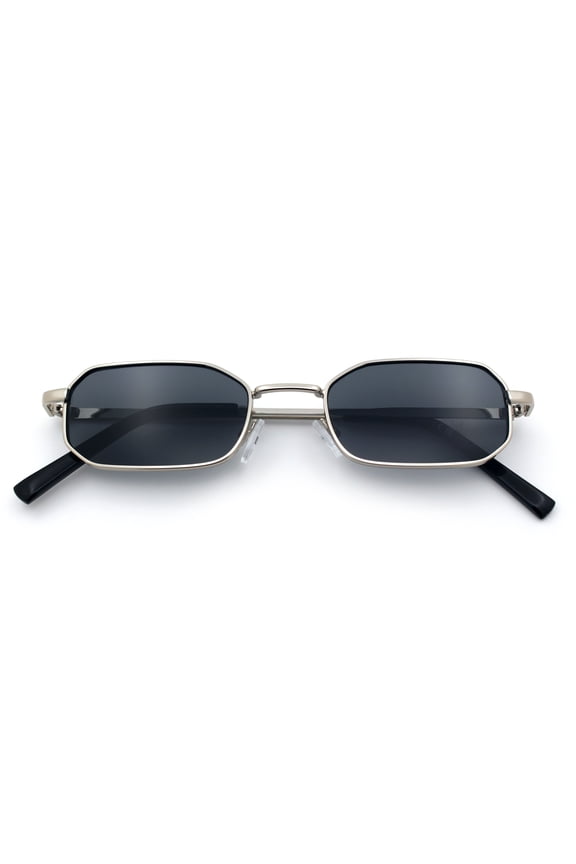 Mens Narrow Metal Rim Rectangular Hustler Sunglasses, Silver Frame - Black Lens