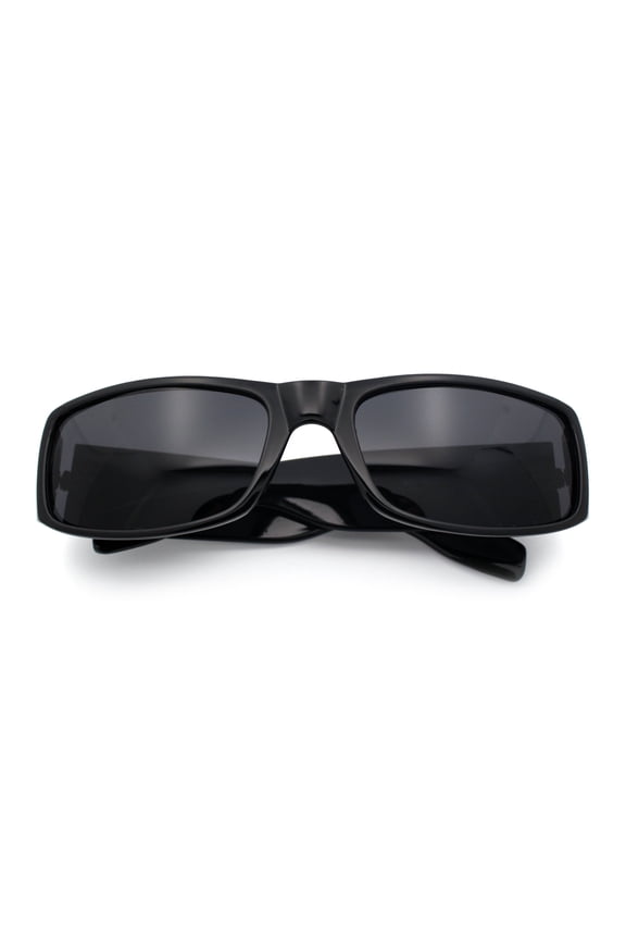Mens Narrow Rectangle Cholo Gangster All Black Plastic Sunglasses Shiny Black - Black