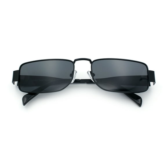 Mens Narrow Rectangle Metal Rim Retro Hustler Sunglasses All Black