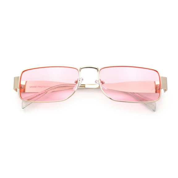 Mens Narrow Rectangle Metal Rim Retro Hustler Sunglasses Gold - Pink