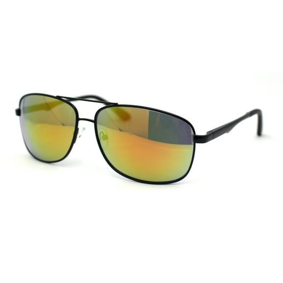 Mens Narrow Rectangle Spring Hinge Luxe Officer Metal Rim Sunglasses Black - Orange Mirror