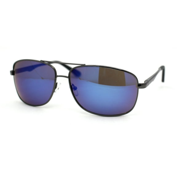 Mens Narrow Rectangle Spring Hinge Luxe Officer Metal Rim Sunglasses Gunmetal - Blue Mirror