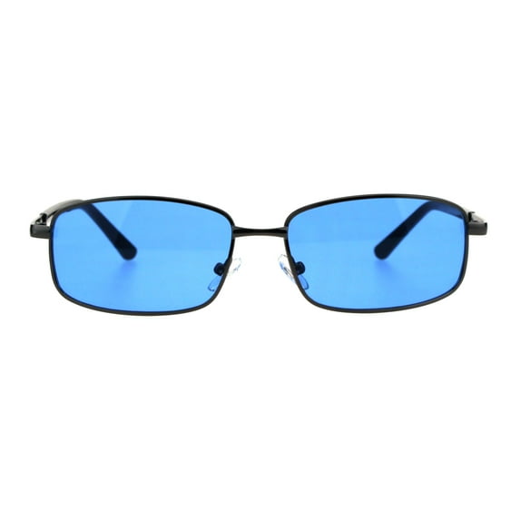 Mens Narrow Rectangular Metal Rim Retro 90s Sunglasses Gunmetal Blue