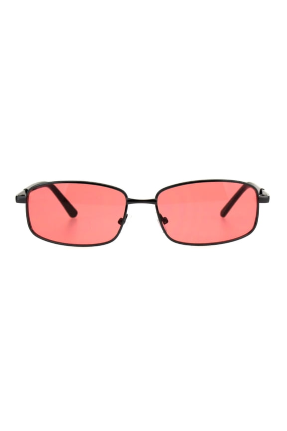 Mens Narrow Rectangular Metal Rim Retro 90s Sunglasses Gunmetal Red