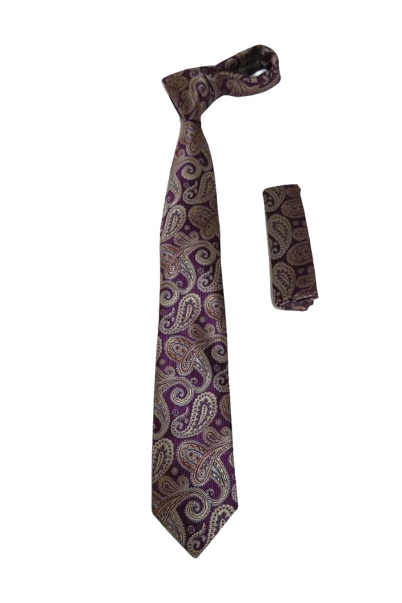 Mens Narrow Tie/Hankie Set Woven Vito Rofolo VTR-111 Wine Tan Paisley