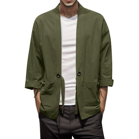 Mens National Style Retro Loose Thin Cardigan Kimono Japanese Robe Cropped Sleeve Coat Plus Size Tang Suit Outerwear Workwear Men's Trench Coat Plus Size Winter Cardigan for Men