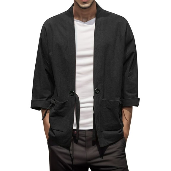 Mens National Style Retro Loose Thin Cardigan Kimono Japanese Robe Cropped Sleeve Coat Plus Size Tang Suit Outerwear Workwear Men's Trench Coat Plus Size Winter Cardigan for Men