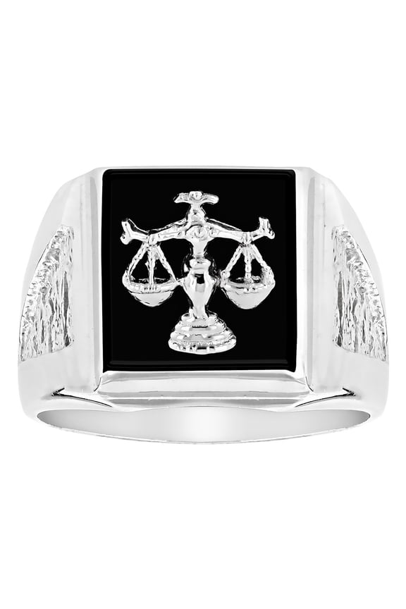 Mens Natural Black Onyx 14K Libra Scales Ring For Him (White Gold Size 9)