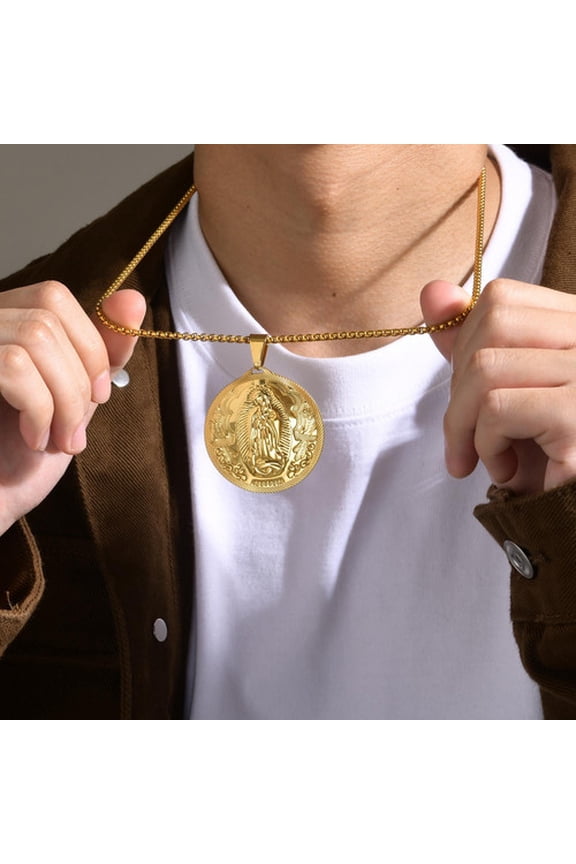 Mens Necklaces Virgin Mary Maria Miraculous Medal Golden Silver  color 14K Yellow Gold  Jewelry