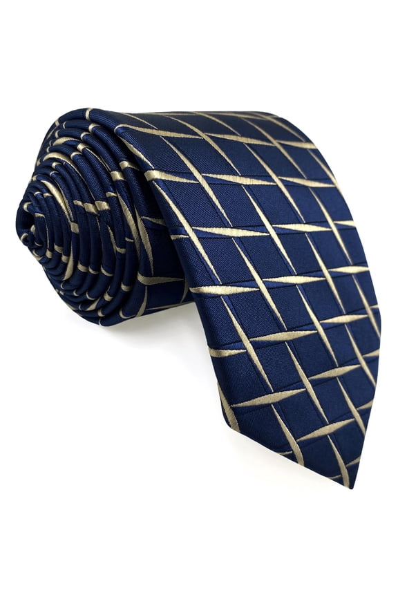 Mens Necktie Navy Blue Yellow Patterned Ties for Men Medium 57.5"