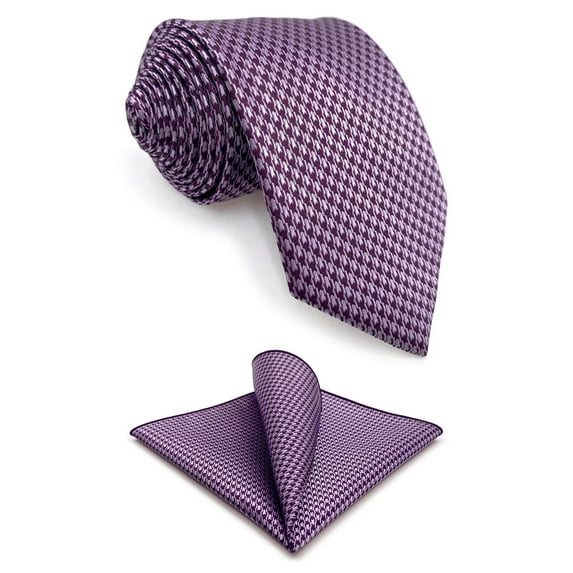 Mens Necktie Plum Light Purple Houndstooth Tie Set Satin for Wedding Party Woven Extra Long 63"