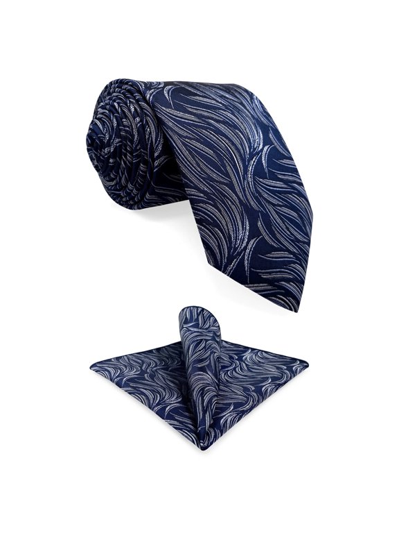 Mens Necktie Pocket Square Set Navy Blue Silver Grey for Suit Jacket Best Man Tie Set Classic 57.5"