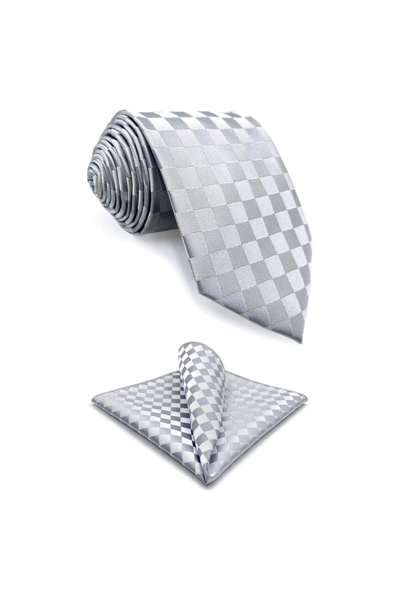 Mens Necktie Satin Silver Off White Light Grey Checkered Rhomibic Tie Set XL Extra Long 63"