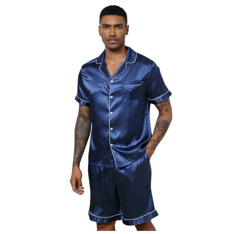 Mens Nightgowns Male Sleepwear Soft Smooth Short Sleeve Short Pant Sleepwear Man With Pockets Two Piece S Men s Pajama Sets Navy S Walmart