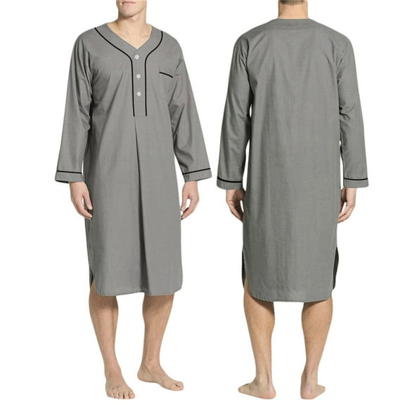 Mens Nightshirt Cotton Sleep Shirt Long Sleeves Henley Nightgown Loose Saudi Arab Kaftan Dubai Robe with Pockets Sleepwear