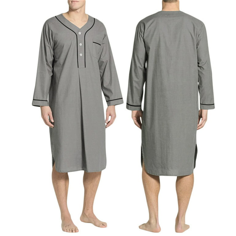 Mens Nightshirt Cotton Sleep Shirt Long Sleeves Henley Nightgown Loose  Saudi Arab Kaftan Dubai Robe with Pockets Sleepwear