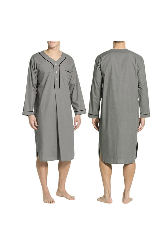 Mens Nightshirt Cotton Sleep Shirt Long Sleeves Henley Nightgown Loose Saudi Arab Kaftan Dubai Robe with Pockets Sleepwear