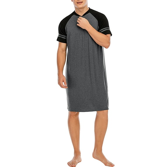 Mens Nightshirt Long Sleep Shirts Short Sleeve Nightgown Night Sleepwear Oversized Henley Kaftan Crew Neck Nightwear Comfy Sleepshirt