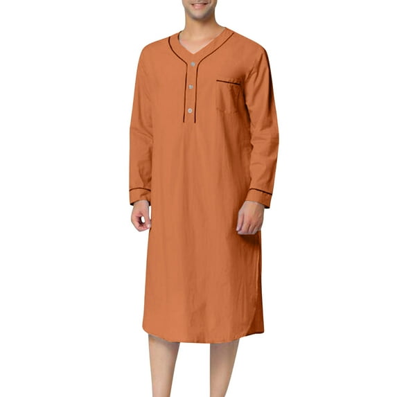 Mens Nightshirt Sleepwear Casual Long Sleeve V Neck Henley Sleep Shirt Loungewear with Pocket