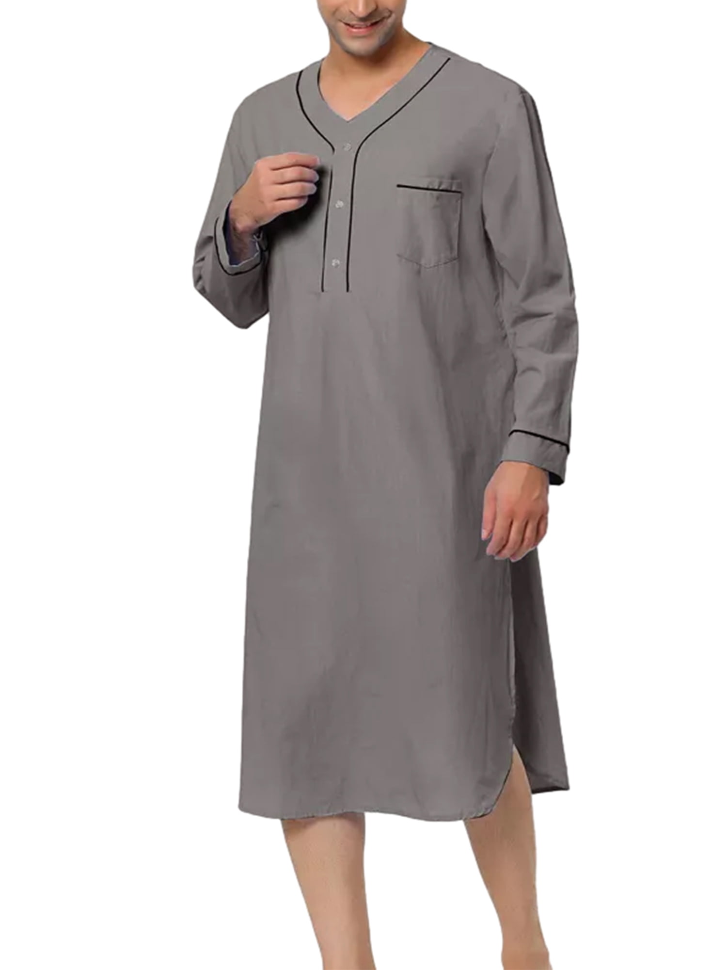 Mens Nightshirt Sleepwear Casual Long Sleeve V Neck Henley Sleep Shirt