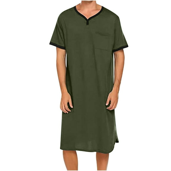 Mens Nightshirts with Pocket Short Sleeve V Neck Nightgowns & Sleepshirts Casual Solid Pullover Side Slit Knee Length Loungewear T Shirts