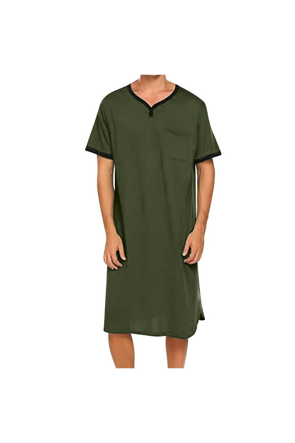 Mens Nightshirts with Pocket Short Sleeve V Neck Nightgowns & Sleepshirts Casual Solid Pullover Side Slit Knee Length Loungewear T Shirts