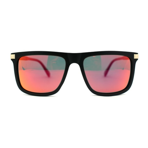 Mens No Glare Polarized Flat Top Horn Rim Rectangle Sunglasses Matte Black Red Mirror