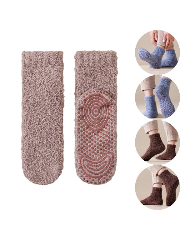 Mens Non Slip Socks Warm Fuzzy Short Ankle Anti-Slip Grip Dot Fleece Lined Thick Indoor Floor Home Slippers Lounge Socks ,Camel