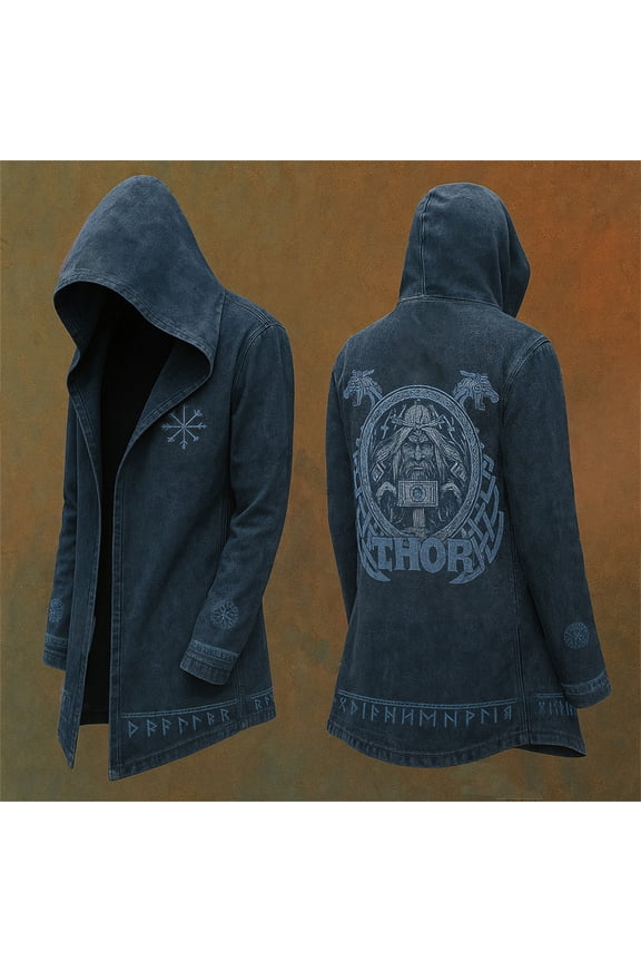 Mens Norse Mythology Hooded Jackets Vintage Long Sleeve Motorcycle Jacket Casual Relaxed Fit Cardigan Coat Navy XL