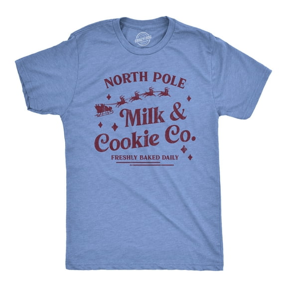 Mens North Pole Milk and Cookie Co T Shirt Funny Xmas Bakery Shop Joke Tee for Guys Graphic Tees