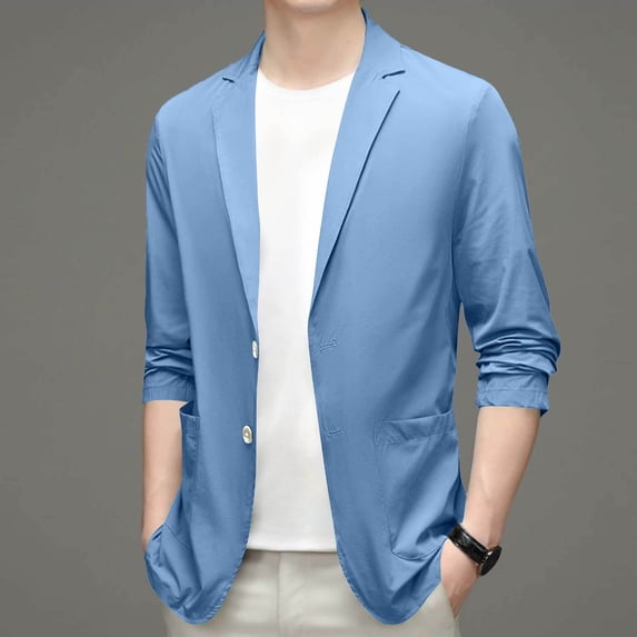 Mens Notched Lapel Suit Jacket Open Front Button Cardigan Stretch Slim Fitting Blazers Dressy Business Jackets Light Blue 3XL