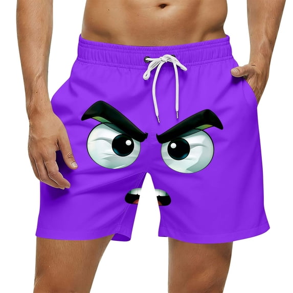 Bwndum Mens Novelty Big and Tall Swim Trunks Funny Angry Face 3D Print Quick Dry Board Shorts with Pockets Purple S-5XL,Size 3XL