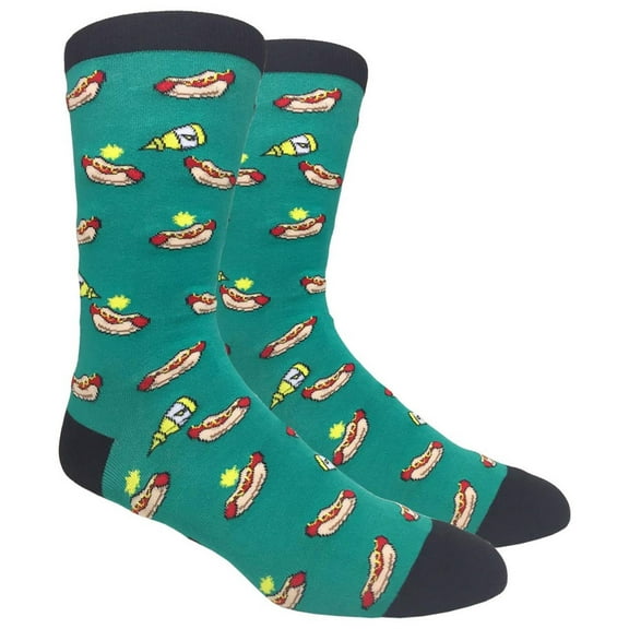 Mens Novelty Socks Colorful Funny Pattern Dress Casual Socks- Dogs and Mustard - Teal Green, 10-13, 1 Pair