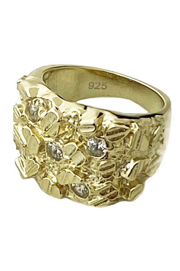 Mens Nugget Ring 14K Gold Plated over Real Solid 925 Sterling Silver Iced Diamond Cut Size 9