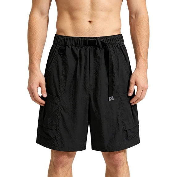 Mens Nylon Cargo Shorts Elastic Waistband Lightweight Water Resistant Shorts Summer Hiking Casual Shorts with Muti Pockets No Lining Big and Tall Size XS-3XL Black